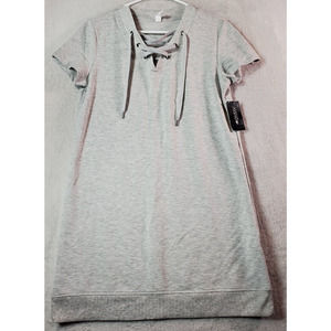 Ideology T Shirt Dress Women Small Gray Polyester Short Sleeve V Neck Drawstring